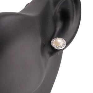 Express Pearl Stud Earrings Rhinestone Halo Silver Tone Cream Ivory NWT